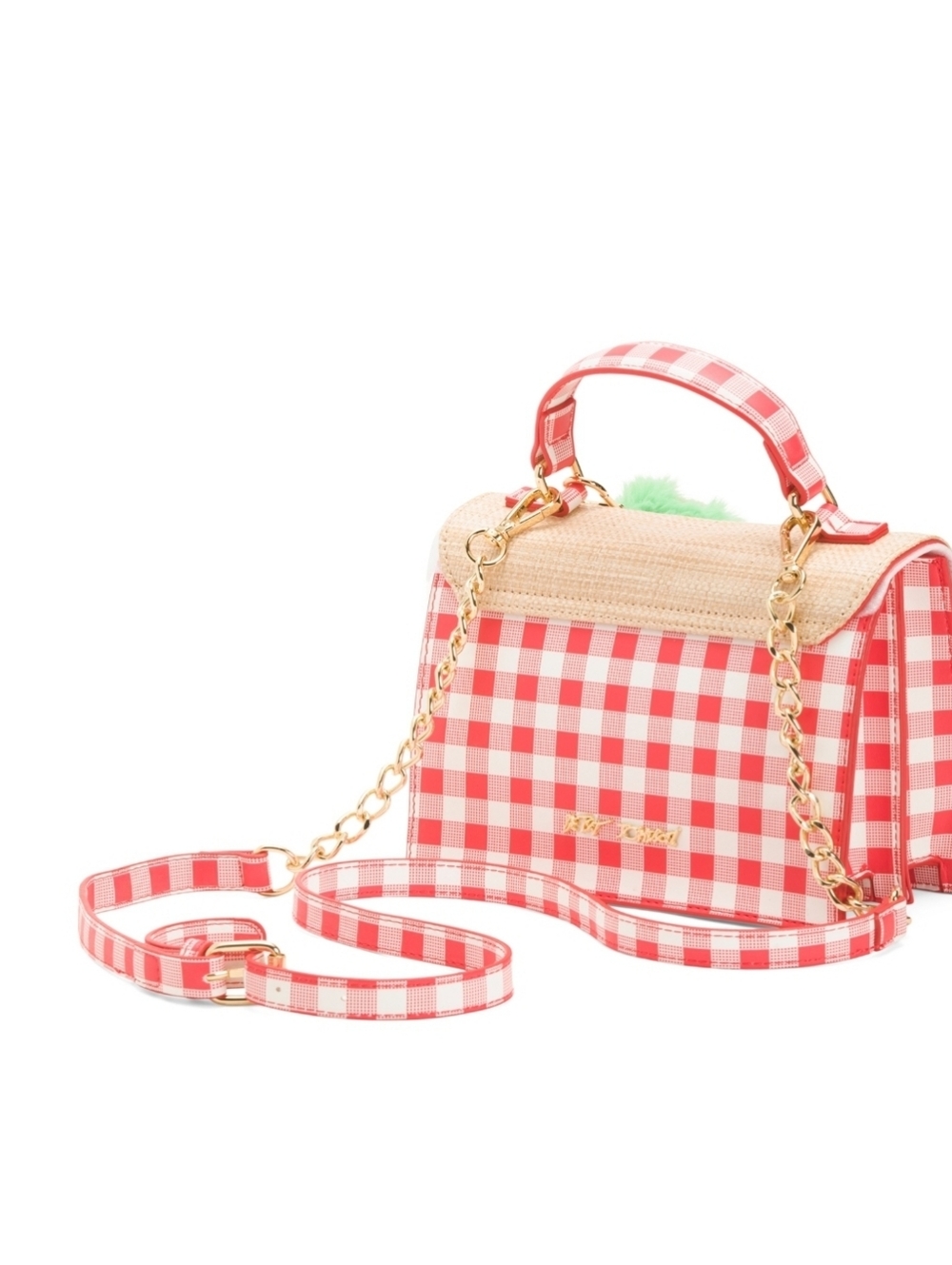 👉✨️ Betsey Johnson Red Strawberry Plaid Top-Handle Women’s Bag with Pom Charm - Picture 4 of 4